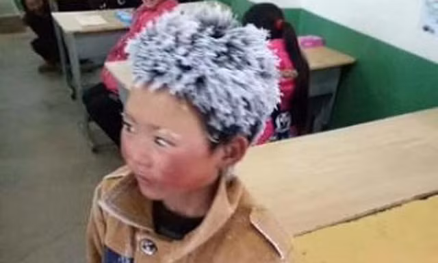 Wang Fuman đến lớp với mái tóc đóng băng vì lạnh (Ảnh: Weibo)