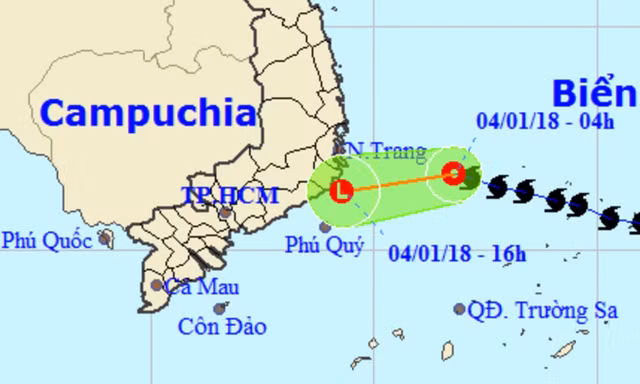 Vị trí và hướng di chuyển của áp thấp nhiệt đới (suy yếu từ cơn bão số 1). Ảnh: NCHMF.