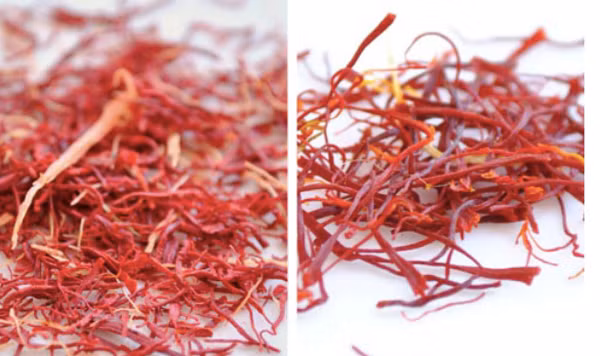 Nhuỵ hoa nghệ tây thật (phải), nhuỵ hoa nghệ tây giả (trái).