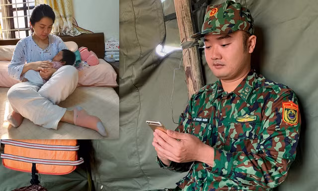 Đại úy Lê Ngọc Dũng trò chuyện với vợ và con gái đầu lòng qua điện thoại từ chốt chống dịch