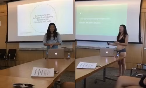 Letitia Chai mặc mỗi đồ lót trong khi thuyết trình. 