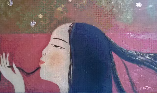 Tác phẩm “Thiếu nữ dưới hoa” khổ 50x 70cm của Vũ Tuấn Dũng.