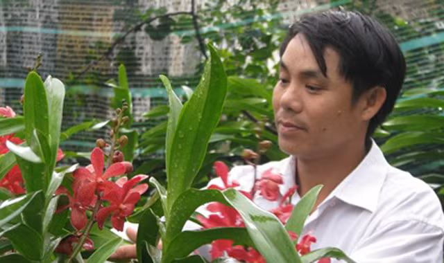 Anh Hùng bên vườn hoa nhà mình.