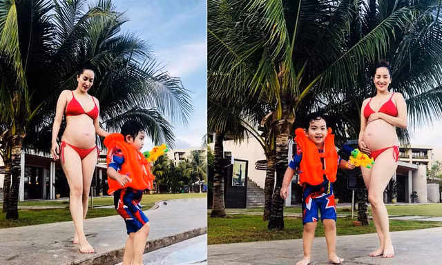 Bà bầu tháng 8 Khánh Thy khoe ảnh bikini quyến rũ bên chồng con