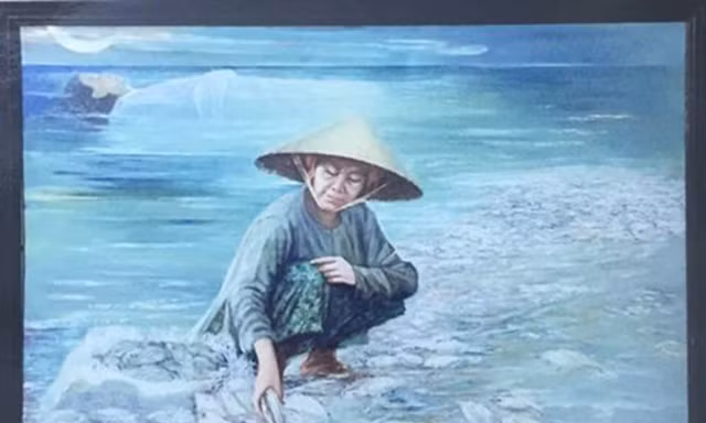 "Biển chết" của hoạ sĩ Nguyễn Nhân đang bị tạm thu treo ở Hội VHNT tỉnh Trà Vinh và được "bêu" vi phạm bản quyền. Ảnh: Facebook nhân vật