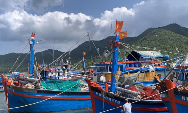 Tàu thuyền neo đậu hàng loạt tại cảng cá Vĩnh Trường vì giá xăng dầu tăng cao. Ảnh: Thục Hiền