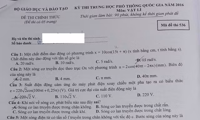 Đề thi, bài giải môn Vật lý THPT quốc gia 2016