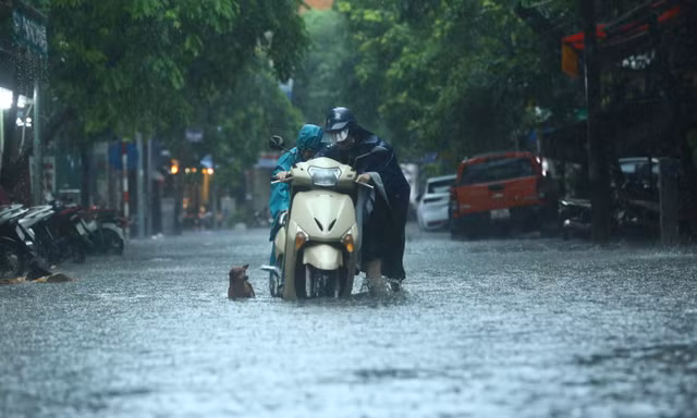 Mưa tầm tã, người dân Hà Nội chật vật ‘bơi qua biển nước’
