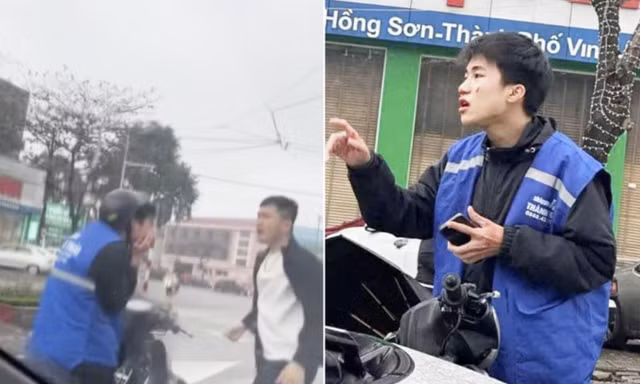 Công an làm việc với người hành hung nam sinh mặc áo shipper 