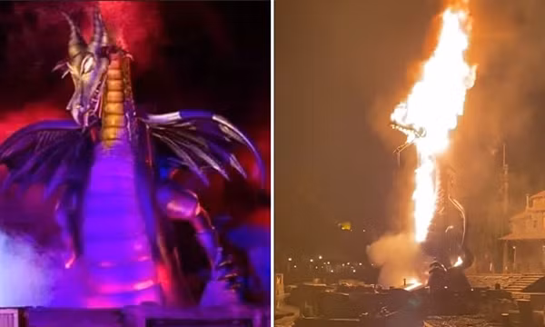Tượng con rồng 14 mét ở công viên Disneyland bốc cháy ngùn ngụt, khách tham quan sợ hãi