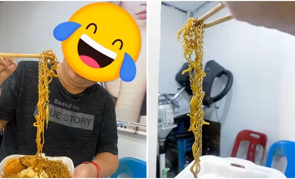 Đang ăn hộp mì xào ngoài quán, bất ngờ phát hiện sợi dây chuyền vàng lẫn trong mì