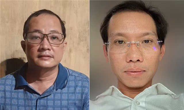 Ông Quân (áo xanh) và ông Lợi sau khi bị bắt.