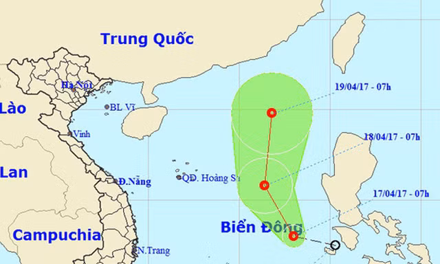 Vị trí và hướng di chuyển của áp thấp nhiệt đới trên Biển Đông (Ảnh: NCHMF).