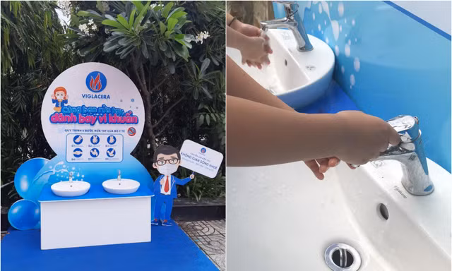 Trạm rửa tay Viglacera sở hữu thiết kế bắt mắt, đi kèm với hướng dẫn 6 bước rửa tay của Bộ Y Tế