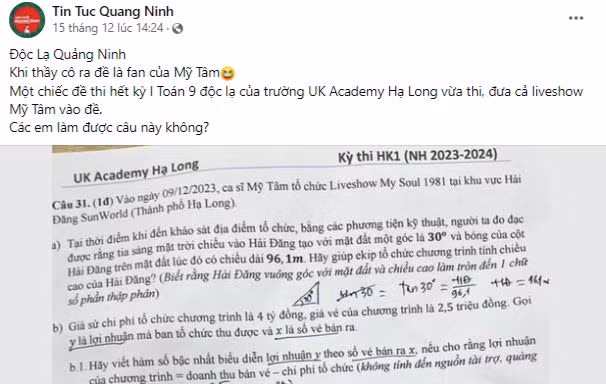 Đề thi toán gây sốt mạng xã hội của UKA Hạ Long 