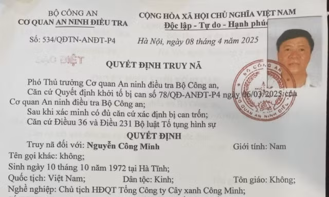 Cơ quan điều tra kêu gọi Chủ tịch HĐQT Tổng Công ty Cây xanh Công Minh đầu thú