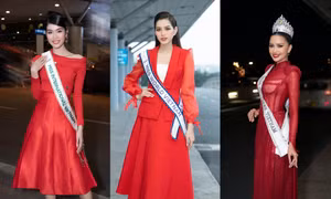 Trang phục ra sân bay đi thi quốc tế của Ngọc Châu trùng hợp với Đỗ Thị Hà và Phương Anh