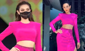 Đeo khẩu trang đính tên mình, Hoa hậu Thùy Tiên nổi bật trên sân khấu Miss Grand Thái