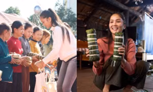 Hoa hậu H’Hen Niê cùng gia đình gói 400 đòn bánh tét tặng bà con quê nhà
