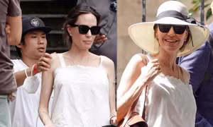 Angelina Jolie tái xuất rạng ngời trên phim trường, Pax Thiên chăm sóc mẹ tận tình