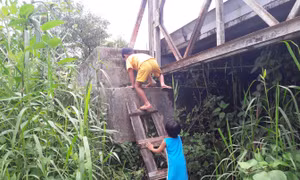 Người dân phải bắc thang lên cây cầu đã gỉ sét vì không có đường dẫn.