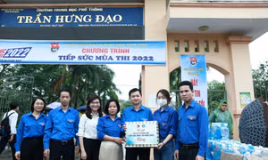 Anh Nguyễn Minh Triết, Bí thư T.Ư Đoàn, Chủ tịch T.Ư Hội SVVN (thứ 3, từ phải sang) tặng quà đội hình Tiếp sức mùa thi tại điểm thi trường THPT Trần Hưng Đạo (Nam Định). Ảnh: Bảo Anh