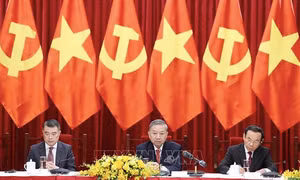 Tổng Bí thư Tô Lâm và các đồng chí lãnh đạo Đảng, Nhà nước trong cuộc tiếp đại diện chính đảng nhiều nước đến Việt Nam dự Lễ kỷ niệm 50 năm Ngày Giải phóng miền Nam, thống nhất đất nước. Ảnh: TTXVN