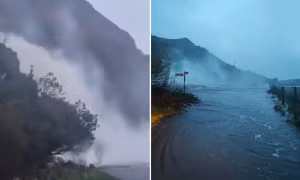 Video dòng thác cuồn cuộn dữ dội như bốc cháy do bão Debi gây mưa kỷ lục