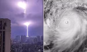 Hình ảnh “mưa sét” rợp trời ở đảo Hải Nam (Trung Quốc) khi bão số 3 đến gần