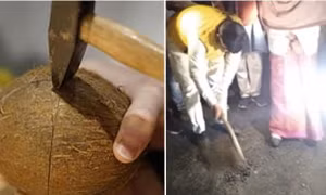 Nhà chức trách Ấn Độ đập quả dừa để mừng đoạn đường mới, dừa còn nguyên mà đường nứt luôn