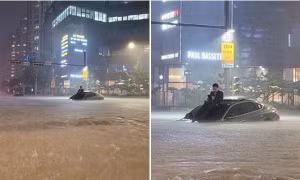 Anh chàng “chill” trên mui ô tô giữa mưa to ngập đường ở Hàn Quốc, dân mạng vội tìm "in tư"