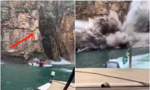 Kinh hoàng cảnh tượng cả một vách đá đổ xuống thuyền du lịch ở Brazil, lý do có thể là gì?