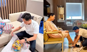 Ông bố "10 điểm" Cường Đô La: Vừa gói quà cho con, vừa chăm vợ sau sinh cực khéo