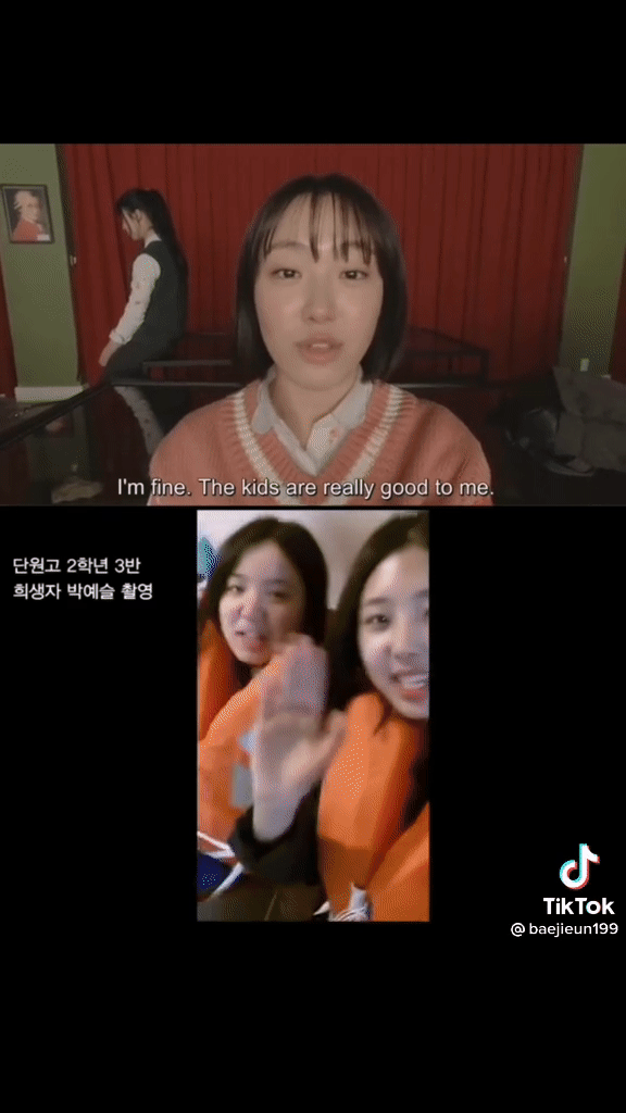 Phân cảnh trong All of Us Are Dead (bên trên) và hình ảnh thật của các học sinh trên chuyến phà Sewol (bên dưới). Nguồn: Tiktok @baejieun199 Phân cảnh trong All of Us Are Dead (bên trên) và hình ảnh thật của các học sinh trên chuyến phà Sewol (bên dưới). Nguồn: Tiktok @baejieun199