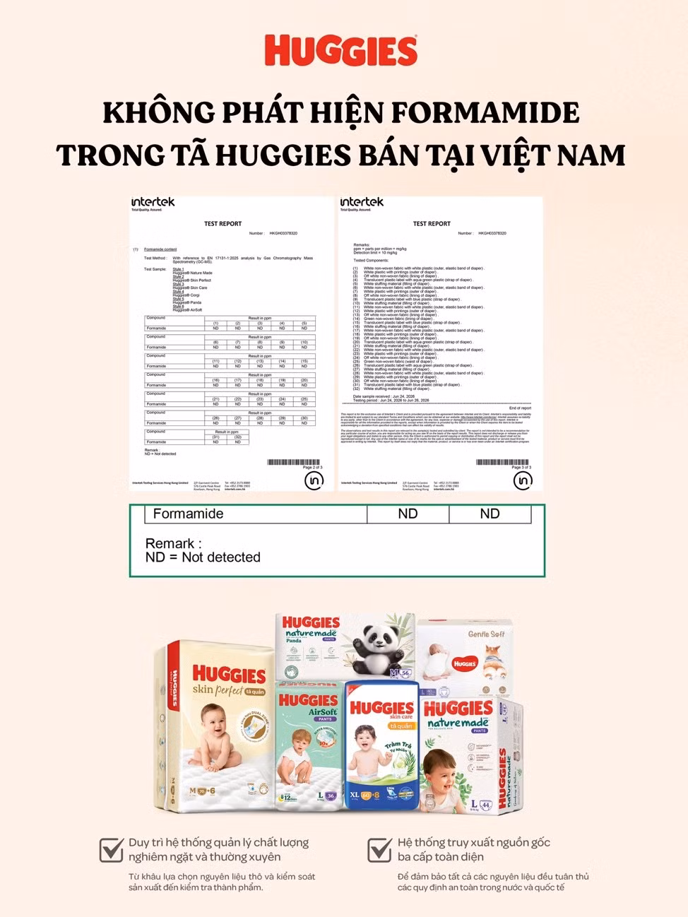 Kết quả kiểm nghiệm tại Intertek cho thấy các sản phẩm Huggies lưu hành trên thị trường Việt Nam không phát hiện formamide (Ảnh: KCV).