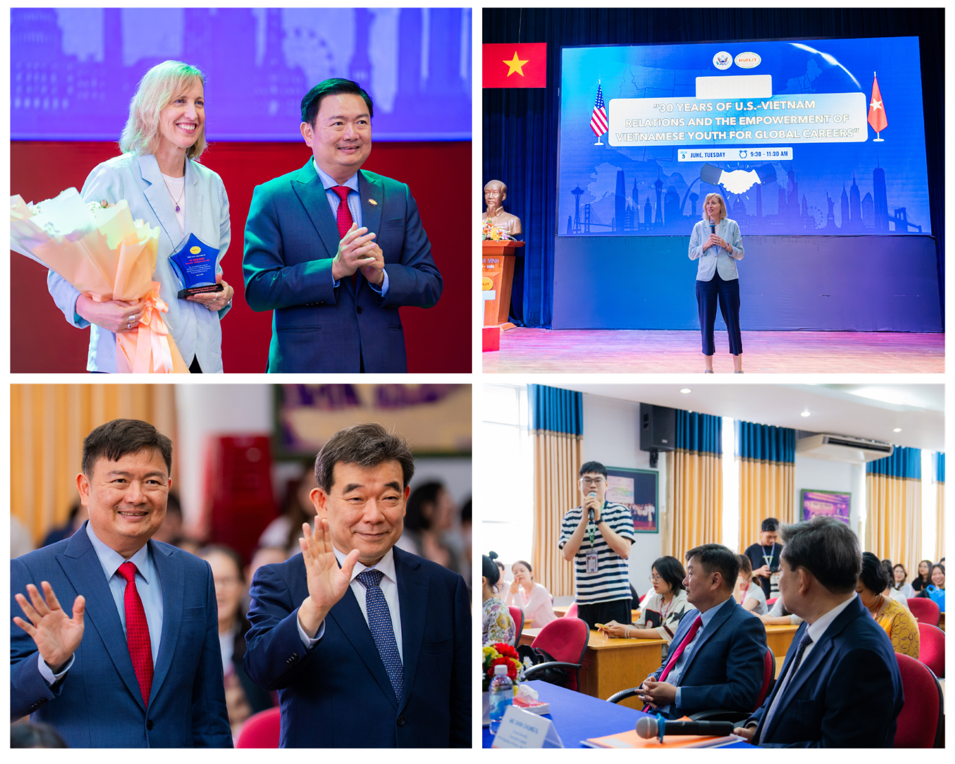 Bà Susan Burns, Tổng Lãnh sự Hoa Kỳ tại TP.HCM, chia sẻ với sinh viên HUFLIT về quan hệ Việt – Mỹ và hội nhập quốc tế (ảnh trên). Sinh viên đối thoại trực tiếp cùng Ông Shin Choong Il - Tổng Lãnh sự Hàn Quốc tại TP. Hồ Chí Minh (ảnh dưới). image001-3983.png