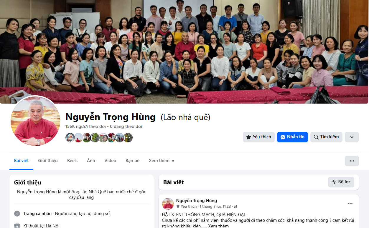Trang facebook cá nhân của ông Nguyễn Trọng hùng (Lão Nhà Quê) có 156.000 người theo dõi các bài viết chia sẻ về chăm sóc sức khỏe từ dược liệu quanh nhà image002.png