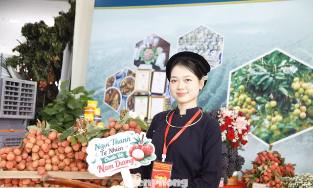 Giới thiệu sản phẩm vải thiều tại hội nghị. Ảnh: Nguyễn Thắng