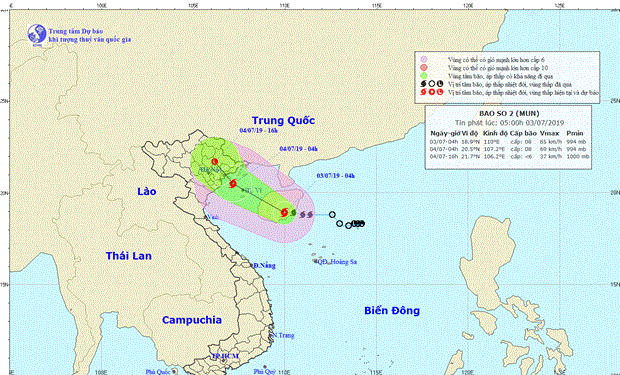 Đường đi và vị trí của bão số 2.