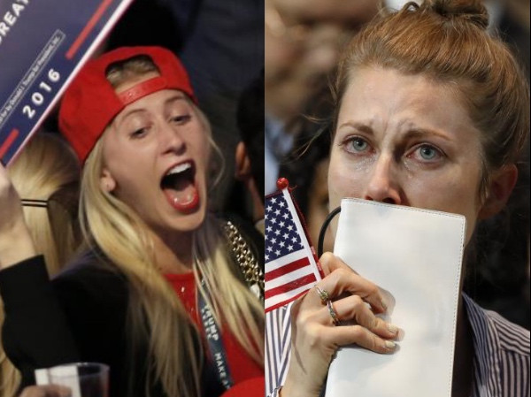Những tiếng reo hò và nước mắt ở thành trì của Trump và Clinton