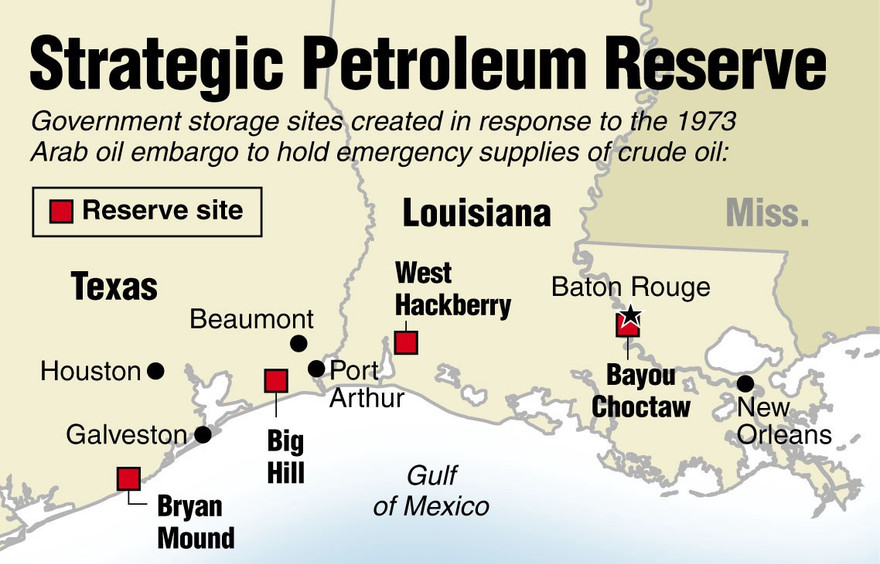 Vị trí các kho dự trữ dầu chiến lược của Mỹ. Đồ họa: Guttman Energy. 
