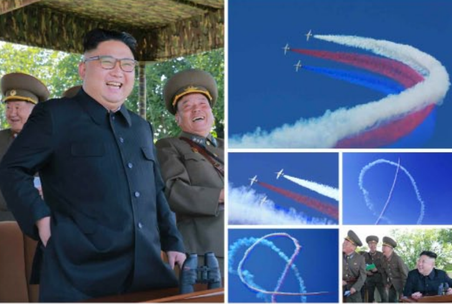 Chủ tịch Kim Jong-un hào hứng xem máy bay thi đấu. Ảnh: Rodong Sinmun