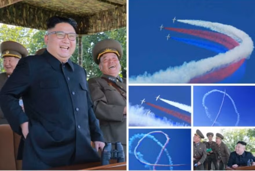 Chủ tịch Kim Jong-un hào hứng xem máy bay thi đấu. Ảnh: Rodong Sinmun