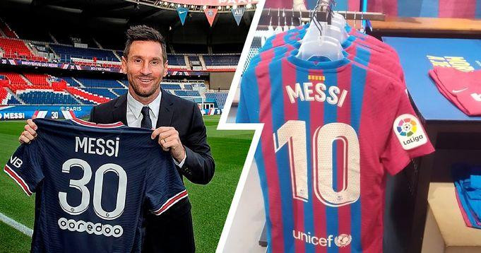 Áo đấu Messi (phải) vẫn xuất hiện ở cửa hàng tại Barcelona.