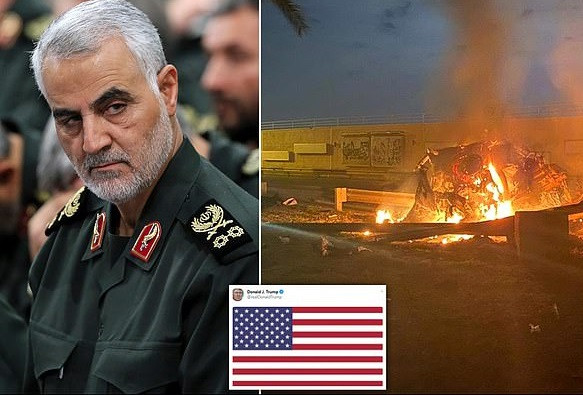 Ông Qassem Soleimani (trái) và hiện trường vụ tấn công (phải). Ảnh: Daily Mail