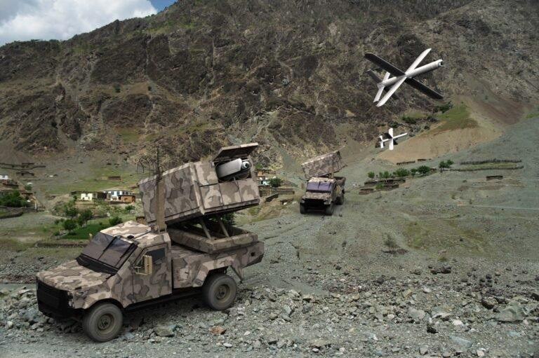 Mô phỏng hệ thống vũ khí “lảng vảng” Hero-400 phóng từ xe tải. Ảnh: UVision.