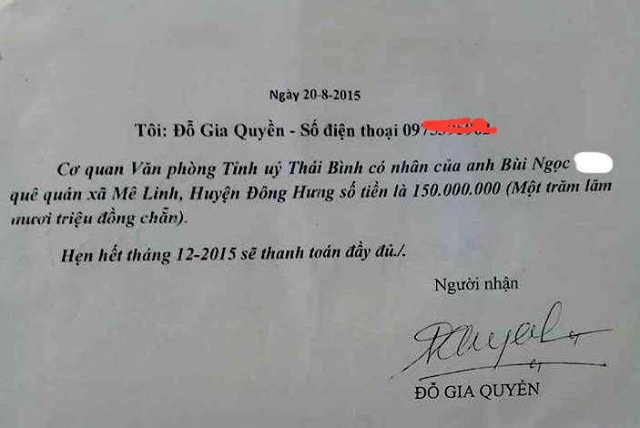 Giấy nhận tiền được cho là của ông Quyền.