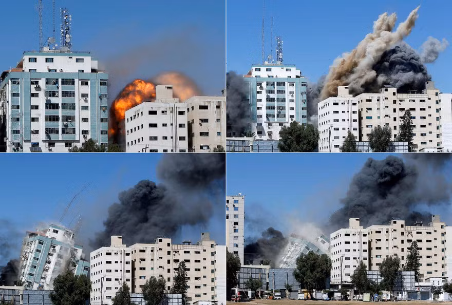 Tòa nhà nơi đặt trụ sở hãng tin AP và Al Jazeera ở Dải Gaza bị Israel đánh sập. Ảnh: Reuters