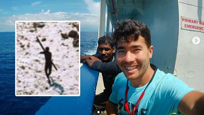 John Allen Chau (ảnh lớn) và bộ lạc người Sentinel (ảnh nhỏ).