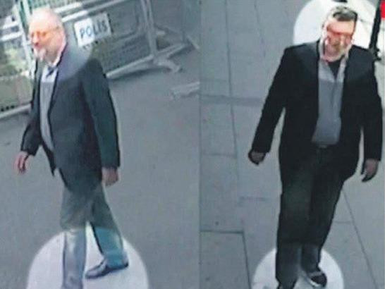 Nhà báo Jamal Khashoggi (trái) và ông Mustafa al-Madaini (phải) - người cải trang thành Khashoggi rời khỏi lãnh sự quán. Ảnh cắt từ video an ninh